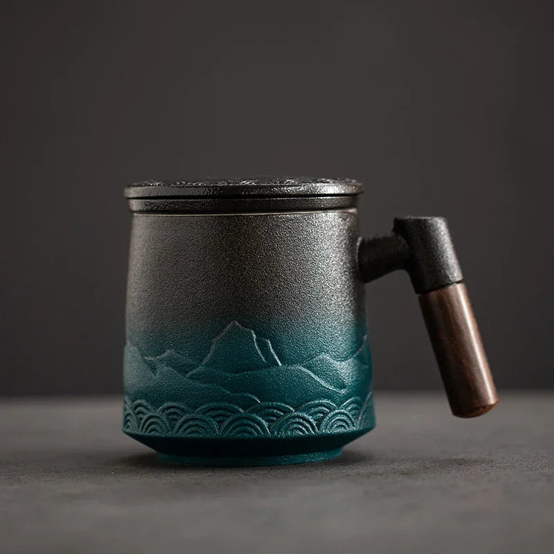Japanese Ceramic Tea Mug with Lid, Strainer & Wood Handle Ceramic Tea Mug Axl