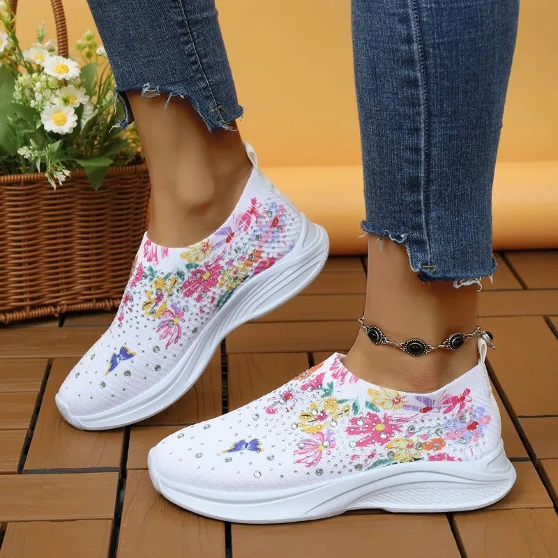 Flower Print Knitted Sneakers – Crystal Slip-On Women's Shoes Knitted Slip-On Sneakers Axl