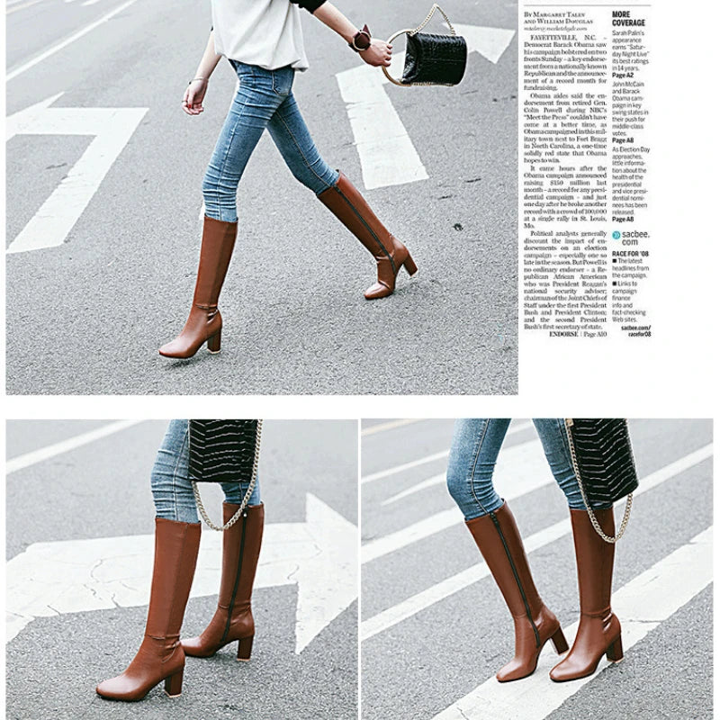 Women's Knee High PU Leather Block Heel Boots – Side Zip Knee High Boots Axl