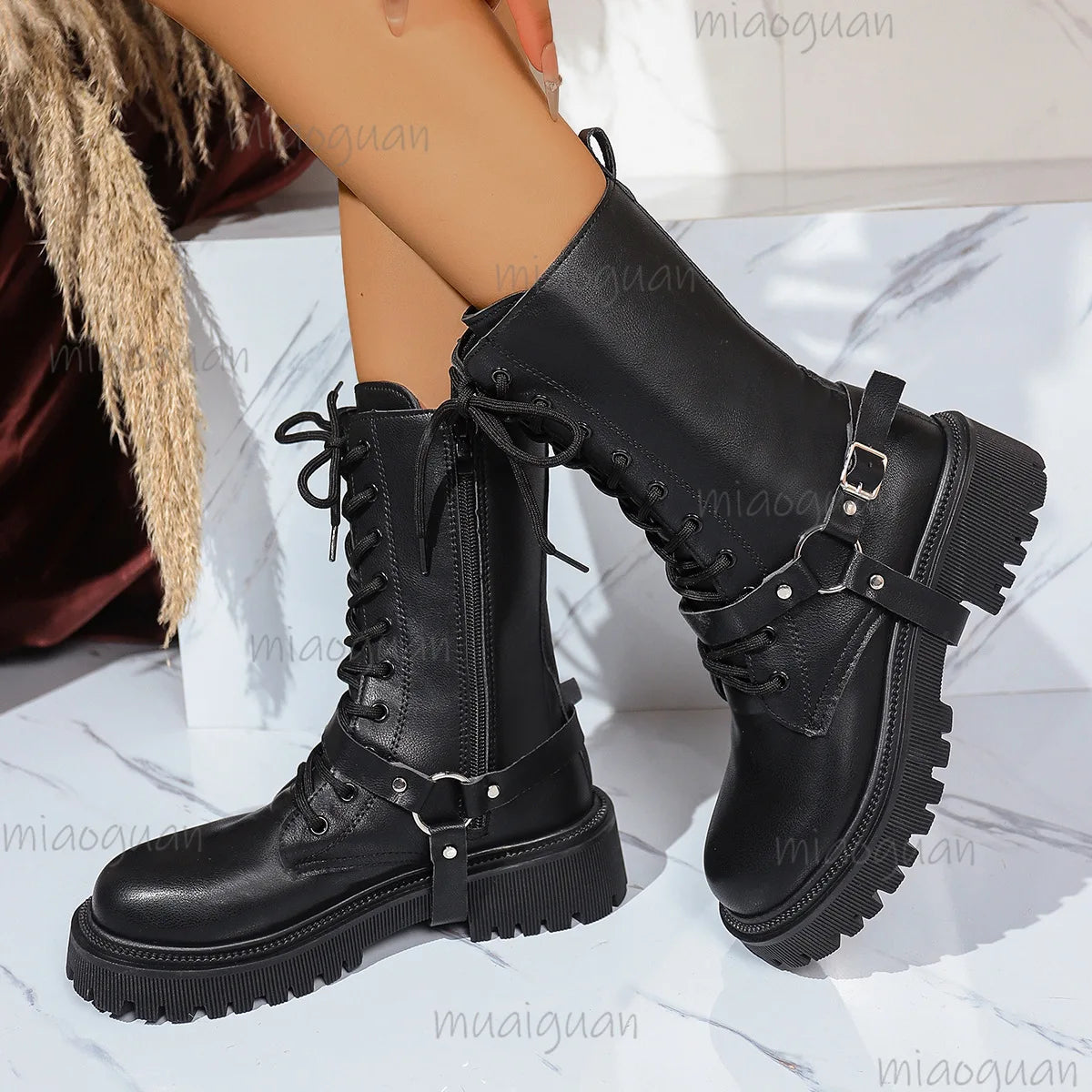 Women's Punk Mid-Calf Motorcycle Boots – Belt Buckle Zipper Mid-Calf Boots Axl