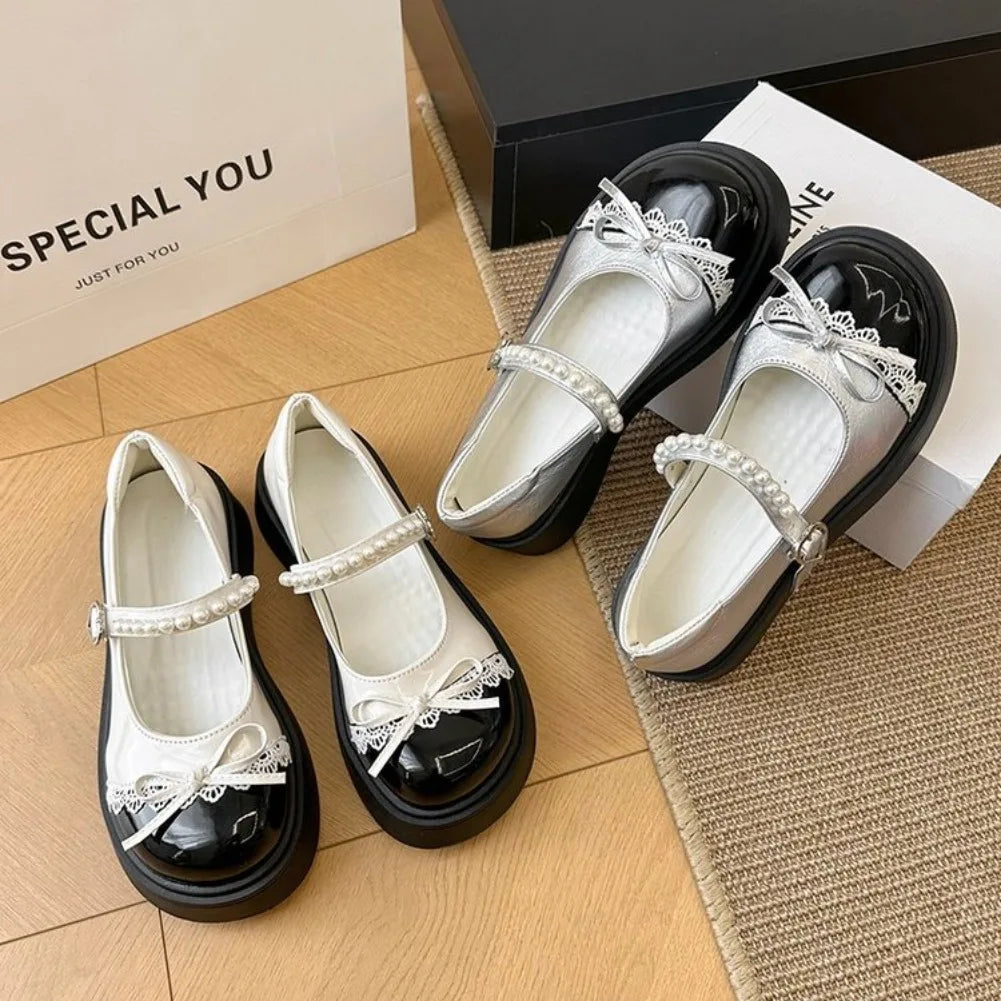 Women's Retro Silver Mary Jane Flats – Thick Soft Sole Shoes Mary Jane Flats Axl