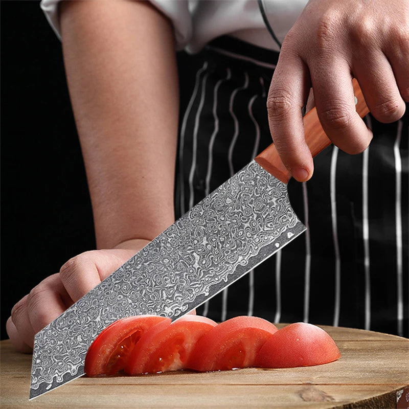 Damascus Steel Kiritsuke Knife – 19.5cm Blade & Wood Handle Kitchen Knife Axl