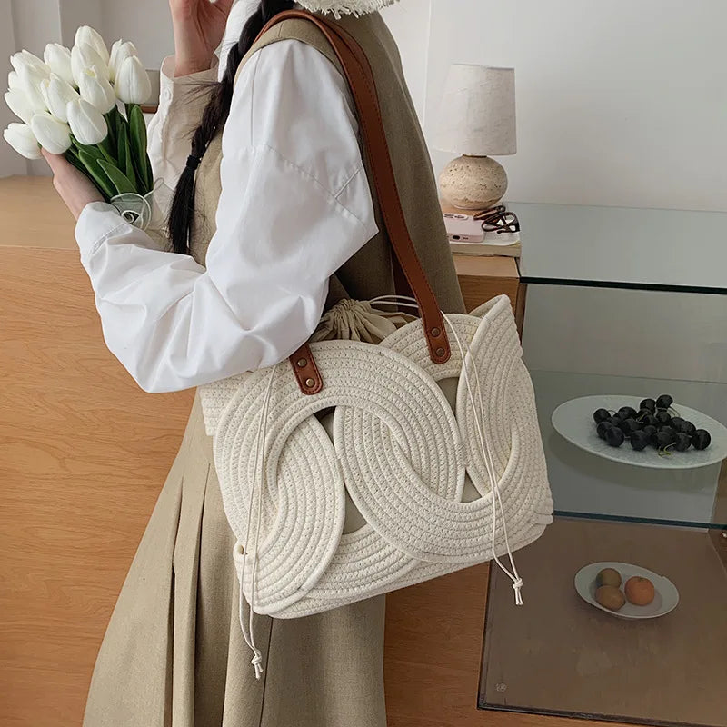 Woven Drawstring Shoulder Bag – Women's Vintage Tote Underarm Bag Woven Shoulder Tote Axl