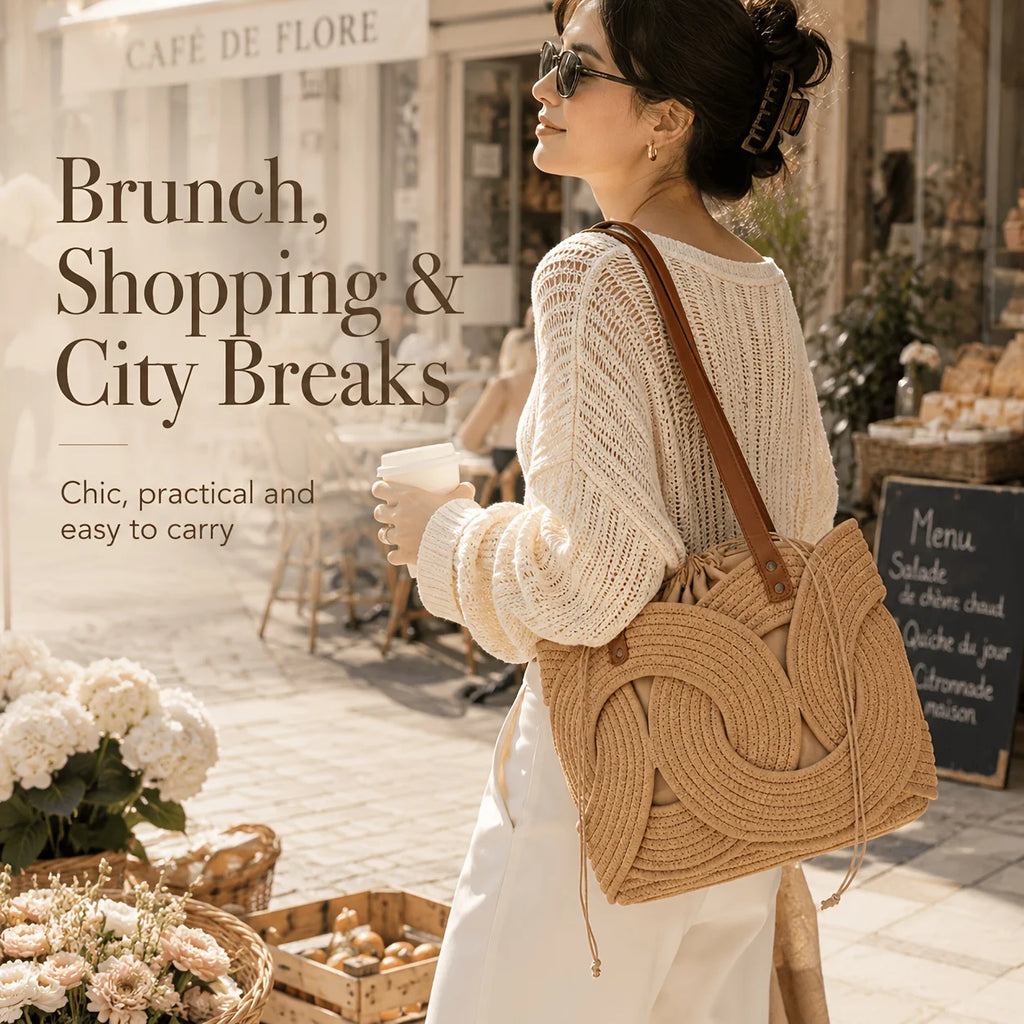 Woven Drawstring Shoulder Bag – Women's Vintage Tote Underarm Bag Woven Shoulder Tote Axl