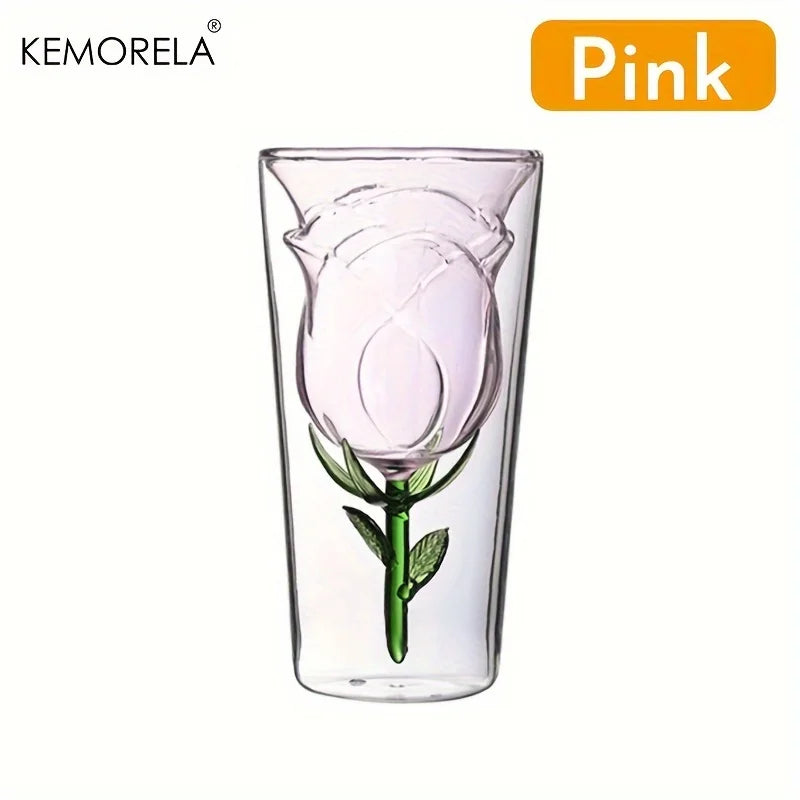 KEMORELA Rose Shape Double-Layer Glass Wine Cup | Gift Double-Layer Wine Glass Axl Pink 301-400ml