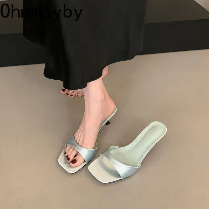 Women's Open Toe Silk Slide Slippers – Elegant Low Heel Mules Slide Slippers Axl