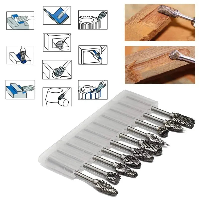 10-Pc Tungsten Carbide Rotary Burr Bits – Double Cut Dremel Set Rotary Burr Set Axl