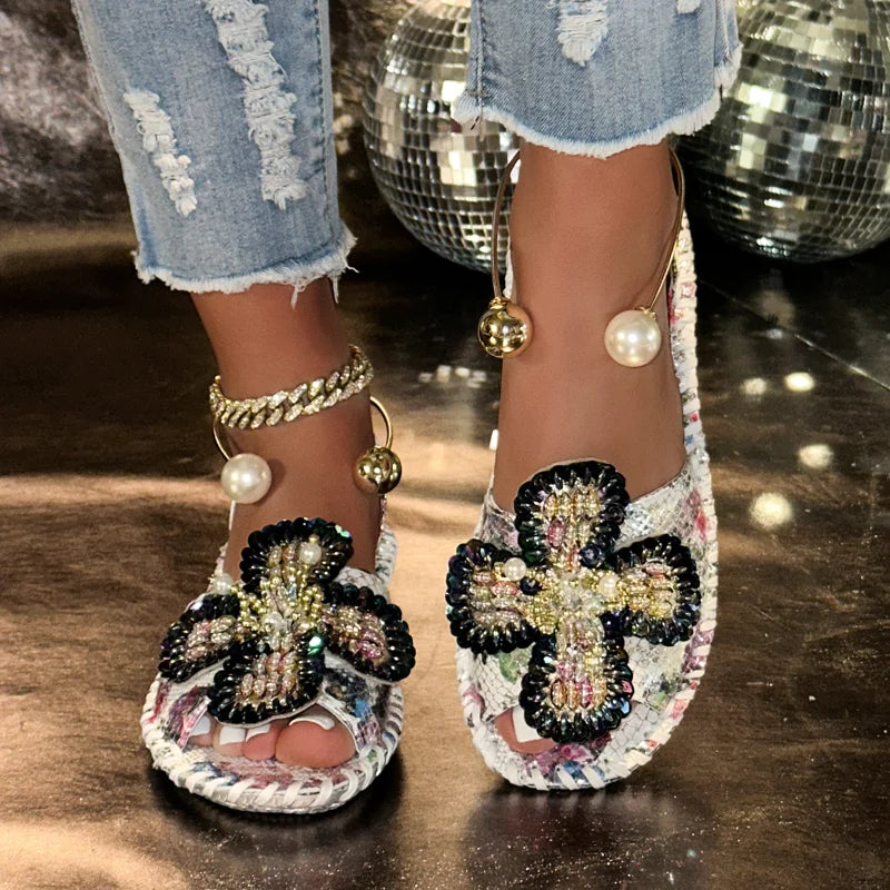 UXST Women's Beaded Pearl Flower Flat Slip-On Sandals Women's Flat Sandals Axl