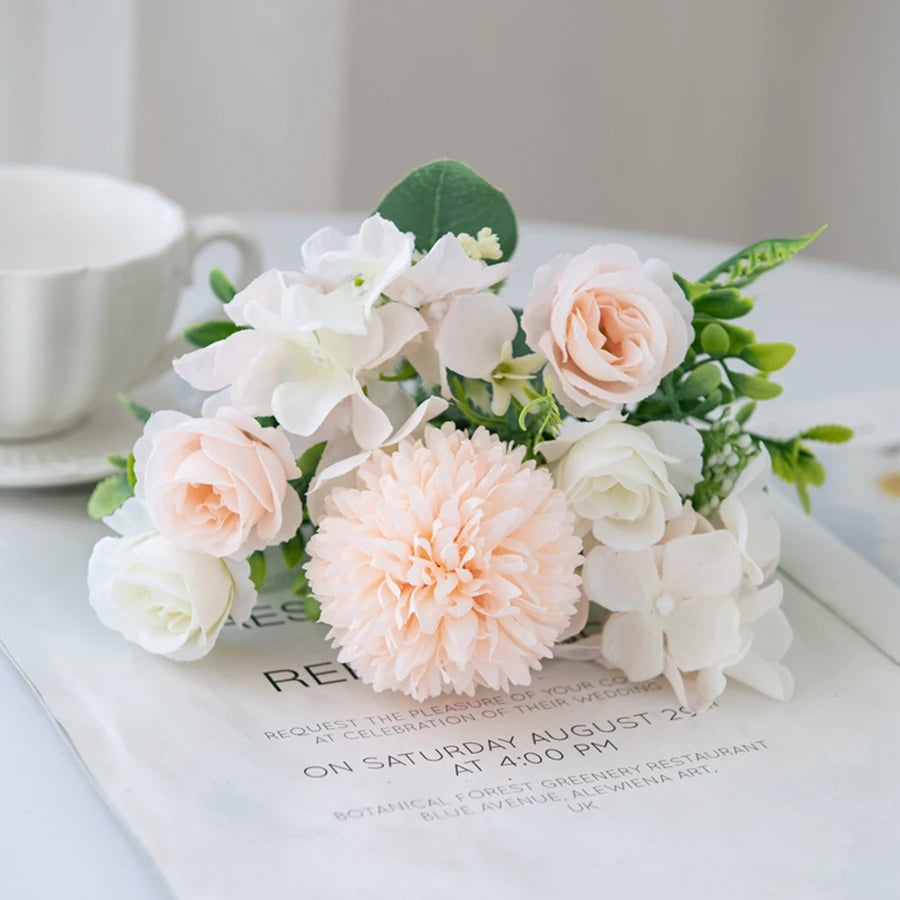 Silk Rose & Chrysanthemum Bouquet – Wedding Garden Decor Artificial Silk Bouquet Axl Champagne 2pcs