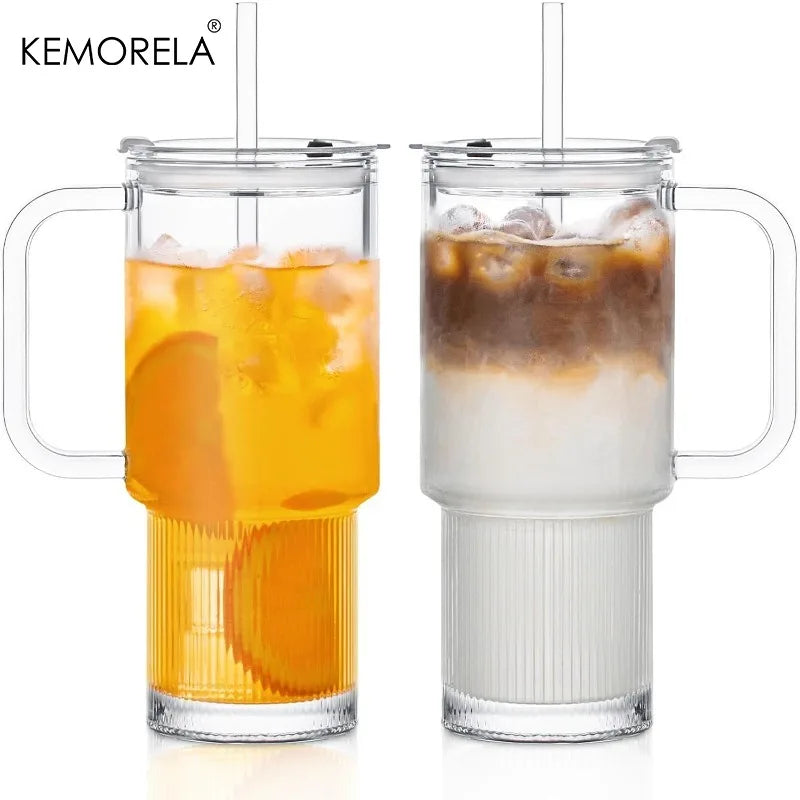 KEMORELA 750ml Glass Tumbler with Handle, Lid & Straw Glass Tumbler Axl 2PCS 750ML