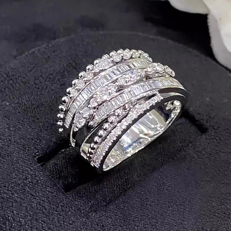 Huitan Wide Cocktail Ring – Multi-Layer CZ Pave Women's Ring Cocktail Ring Axl