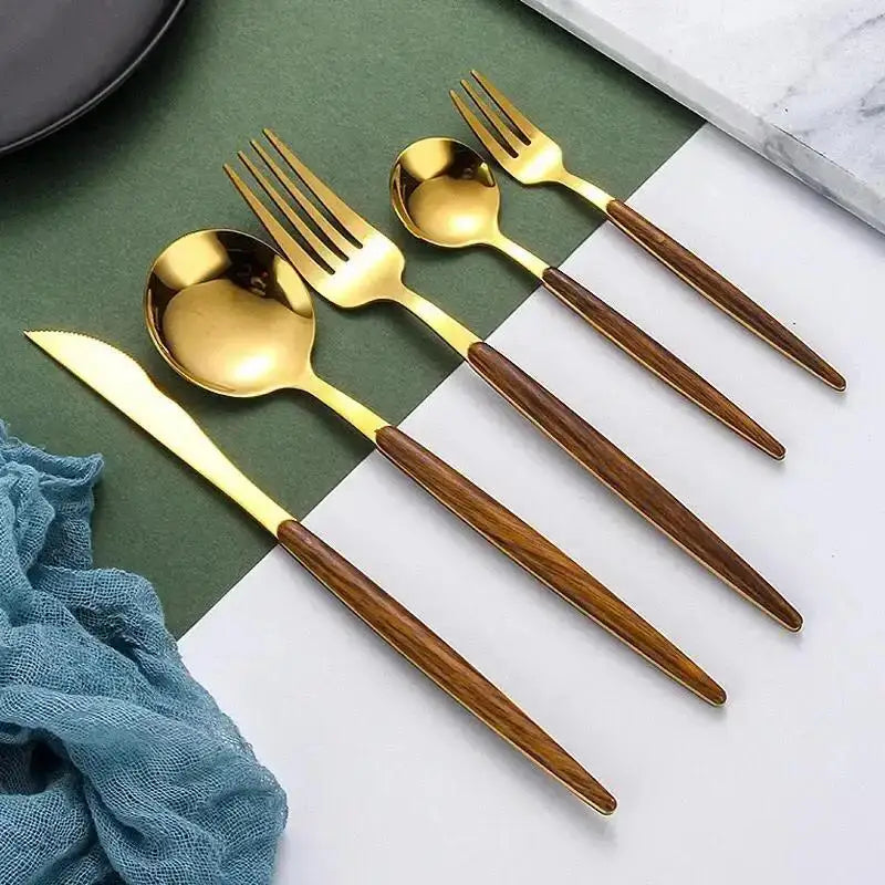 5-Piece Gold Cutlery Set – Wooden Handle Stainless Steel Cutlery Flatware Set Axl gold