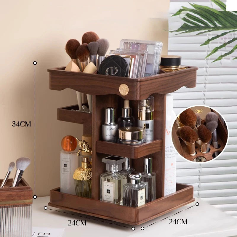 Rotating Wood & Bamboo Makeup Organizer | Cosmetic Storage Box Makeup Organizer Axl Walnut color