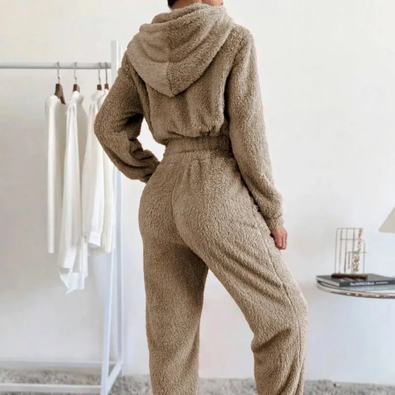 Women's Plush Hooded Loungewear Set – Cozy Winter Homewear Women's Loungewear Set Axl