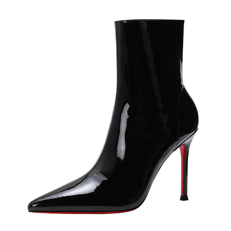 Women's Stiletto Heel Mid-Calf Boots | Pointed Toe Patent PU Stiletto Heel Boots Axl