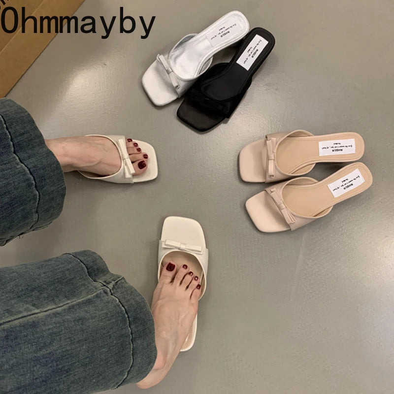 Women's Open Toe Square Heel Slides – Butterfly Knot Summer Sandals Heel Slide Sandals Axl