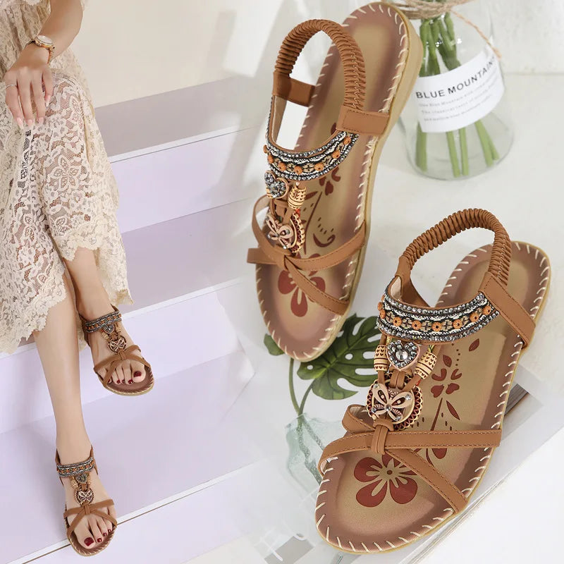 Women's Flower Rhinestone Flat Sandals | Open Toe Beach Shoes Flat Sandals Axl