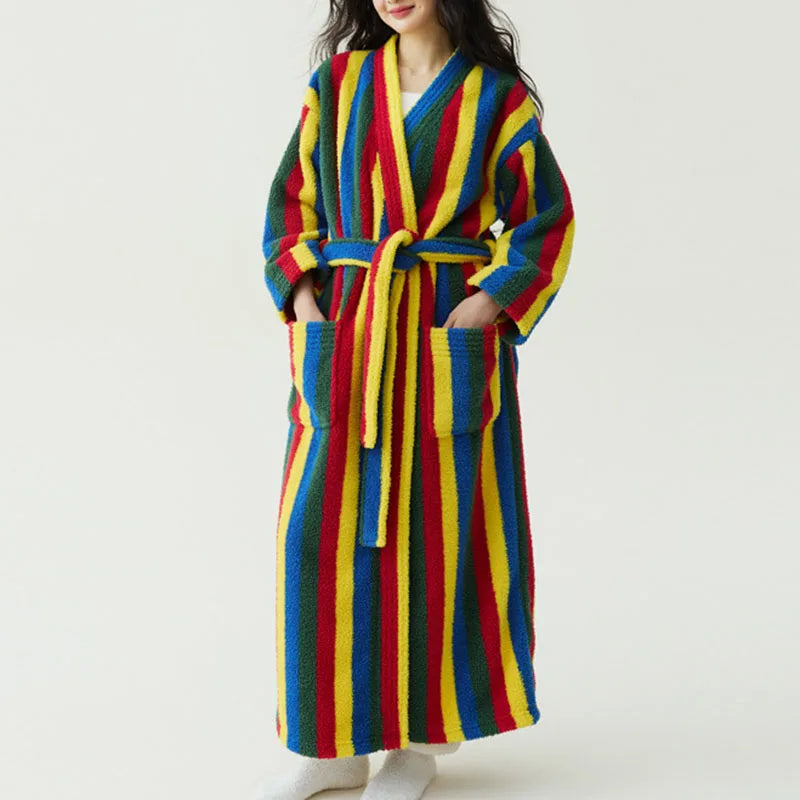 Women's Striped Velvet Bathrobe – Thick Flannel Lace-Up Robe Women's Bathrobe Axl