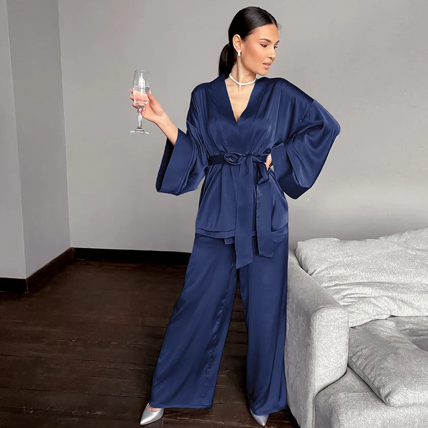 Women's Soft Pajama Set – Long Sleeve V-Neck Loungewear Suit Women's Pajama Set Axl dark blue 3XL