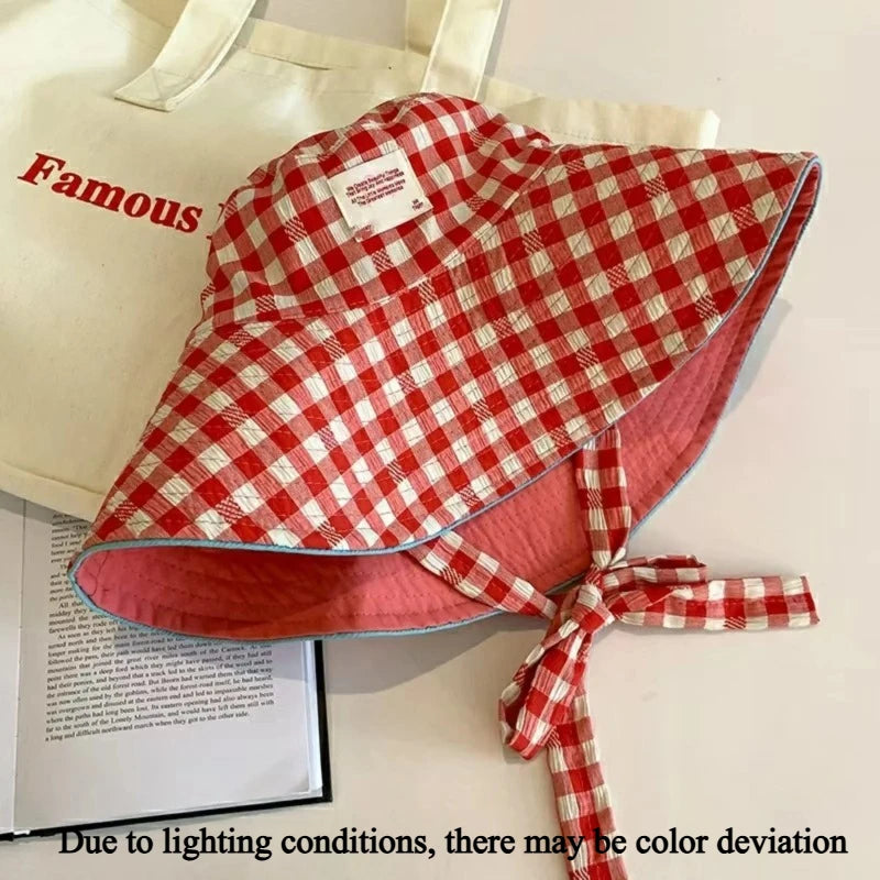 Women's Wide Brim UV Sun Hat with Chin Strap – Pastel Plaid Wide Brim Sun Hat Axl 01-red-1pcs
