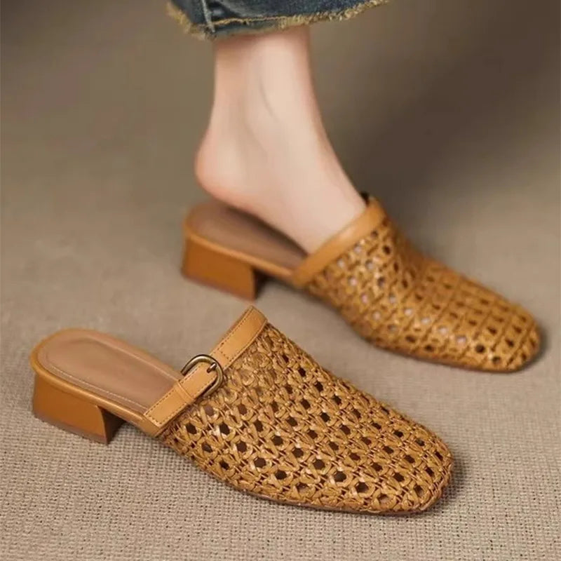 Women's Woven Square Toe Slippers – Breathable Summer Mules Women's Slippers Axl 38 brown