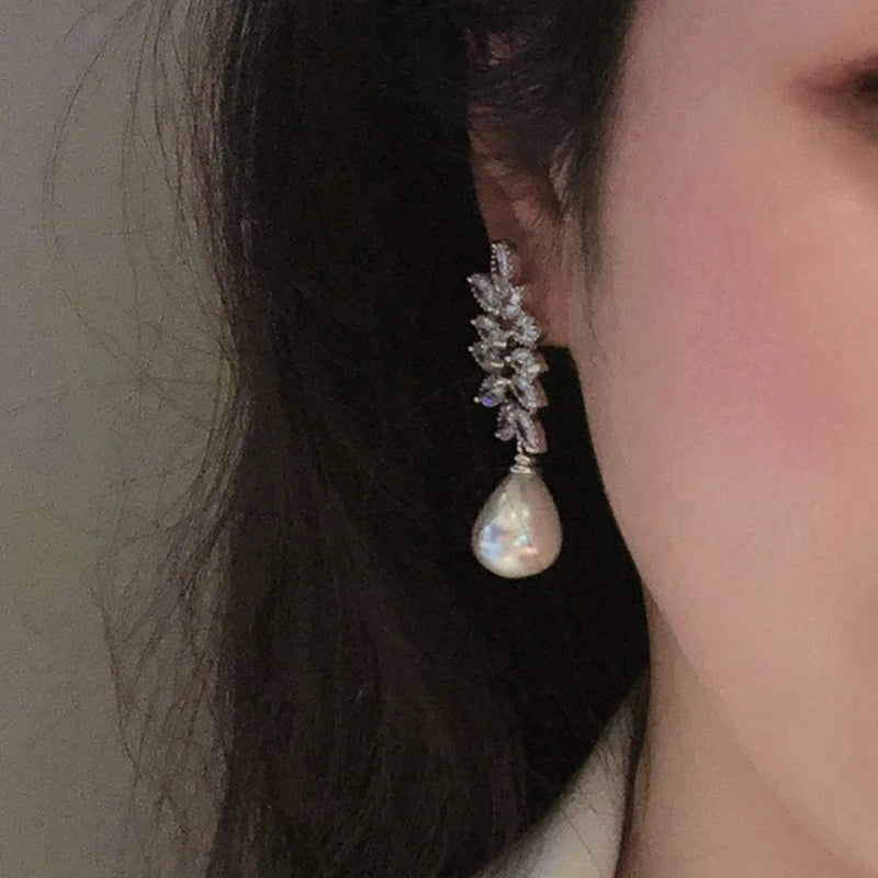 Huitan Pearl & CZ Crystal Dangle Earrings – Bridal Wedding Gift Pearl Drop Earrings Axl