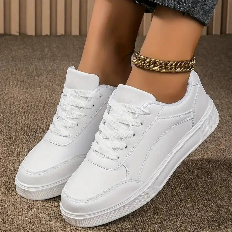 Women's White Platform Sneakers – Classic Lace-Up PU Leather Platform Sneakers Axl White 43