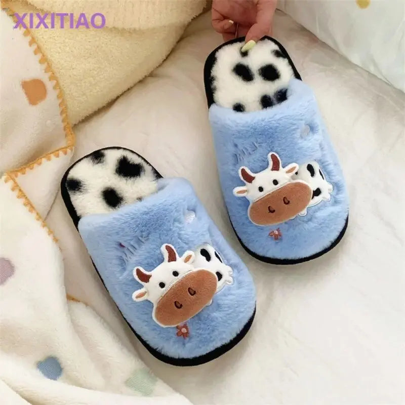 Cow Print Faux Fur Slippers – Cozy Indoor Slides Men & Women Faux Fur Slippers Axl
