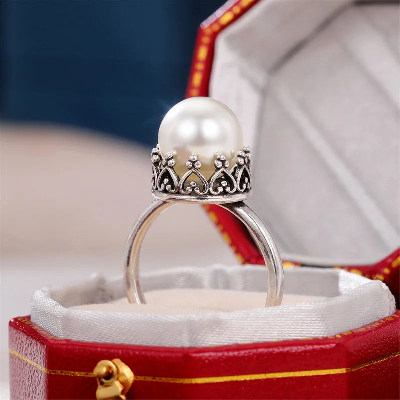 Huitan Vintage Imitation Pearl Ring Women – Antique Silver Fashion Pearl Ring Axl