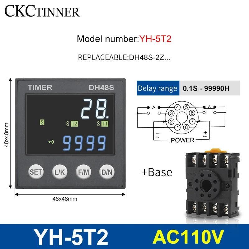 DH48S Programmable Time Delay Relay 24V/220V + Socket Base Programmable Time Relay Axl YH-5T2 - 110VAC