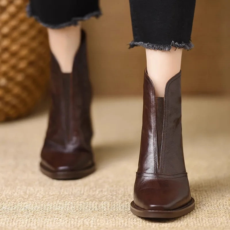 Women's Square Toe Ankle Boots | Block Heel Zipper PU Leather Ankle Boots Axl