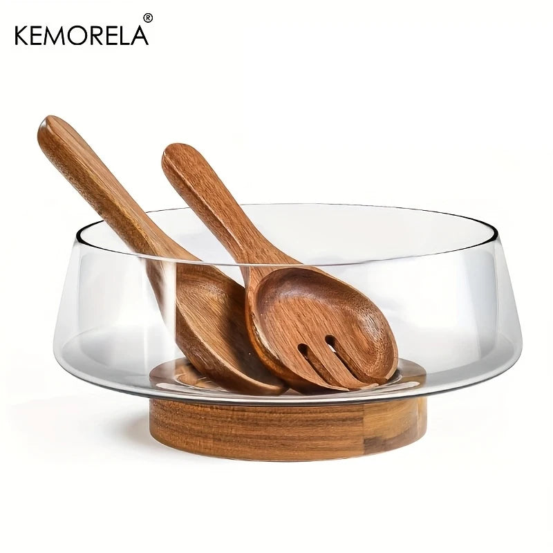 KEMORELA Hand-Blown Glass Salad Bowl Set with Wooden Base Glass Serving Bowl Axl