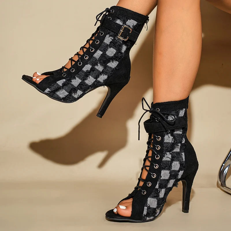 Women's Stiletto Peep Toe Ankle Boots – Checkered Summer Stiletto Ankle Boots Axl