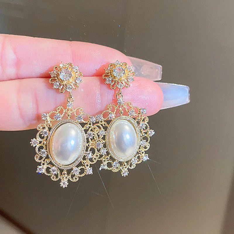 Huitan Gold Simulated Pearl Dangle Earrings | Bridal Wedding Pearl Dangle Earrings Axl
