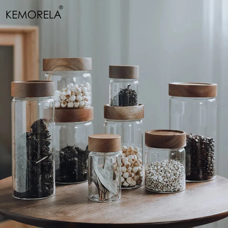 Glass Sealed Storage Jars with Wood Lid | Kitchen Organizer Glass Storage Jars Axl