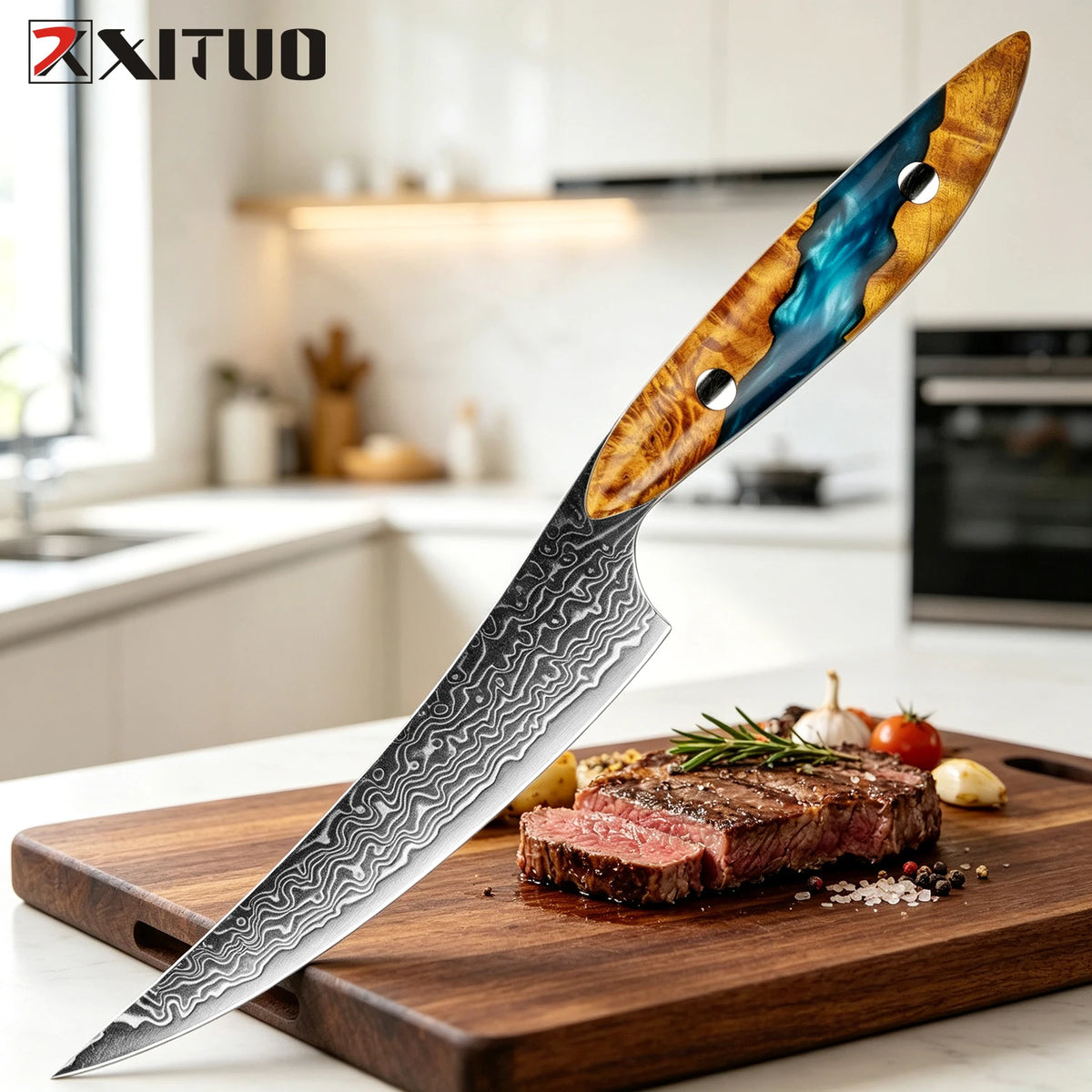 XITUO 5" Damascus Steel Japanese Kitchen Utility Knife Kitchen Utility Knife Axl Resin Wood