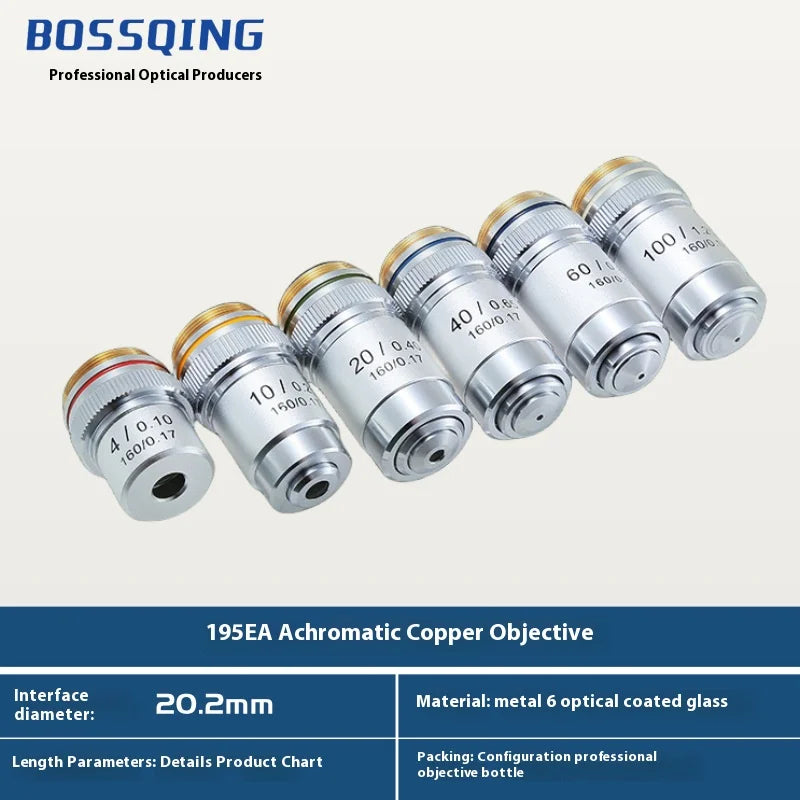 Achromatic Objective Lens 4X–100X Biological Microscope 195mm Microscope Objective Lens Axl