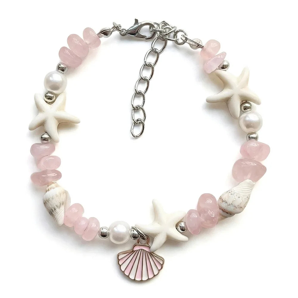 Shell Starfish Pearl Bracelet – Adjustable Beach Bangle for Women Shell Beaded Bracelet Axl Light Pink