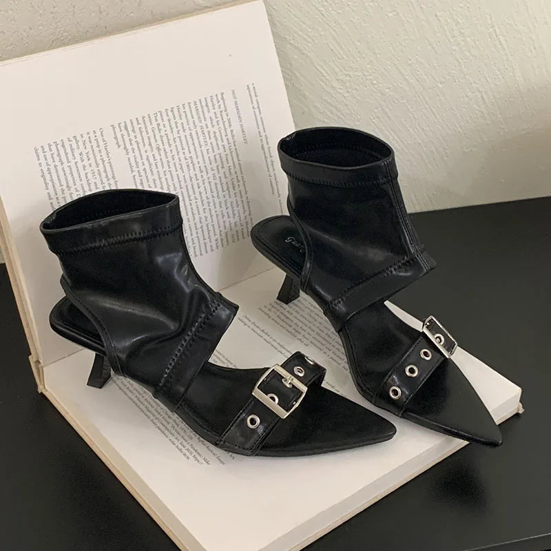 Women's Pointed Toe Ankle Boots – Metal Buckle Thin Heel Women's Ankle Boots Axl