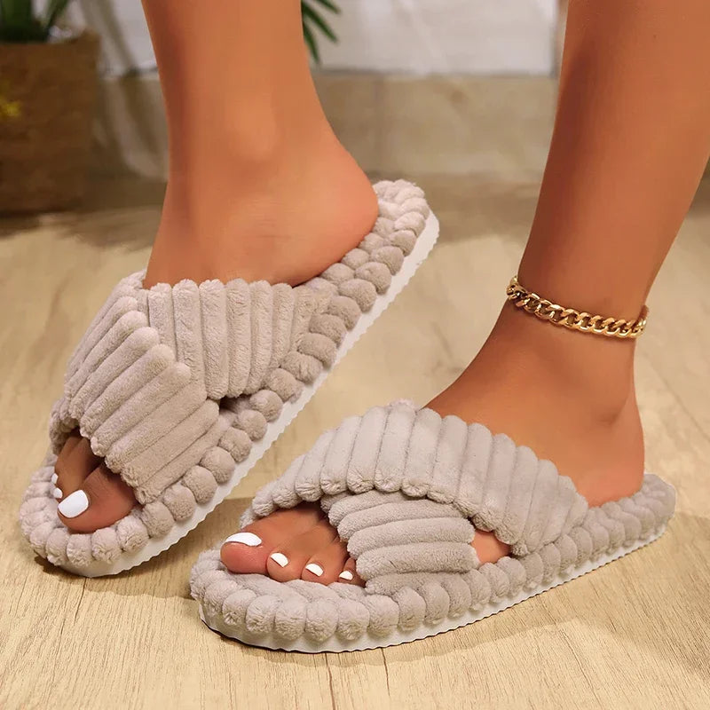 Women's Corduroy Cross Band Plush Slippers – Warm Indoor Women's Slippers Axl