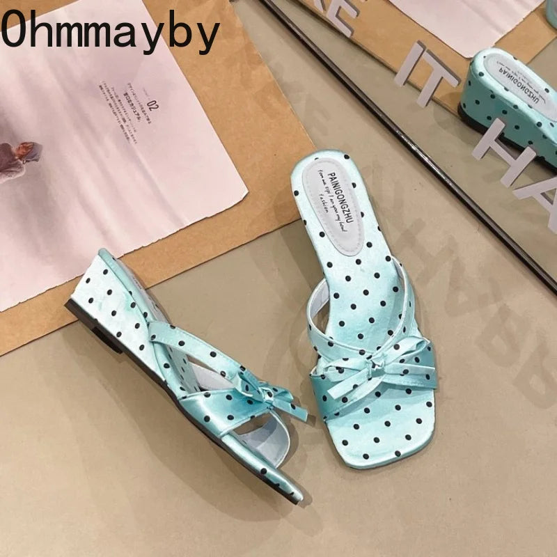 Satin Butterfly-Knot Women's Block Heel Slippers – Polka Dot Heeled Slide Slippers Axl