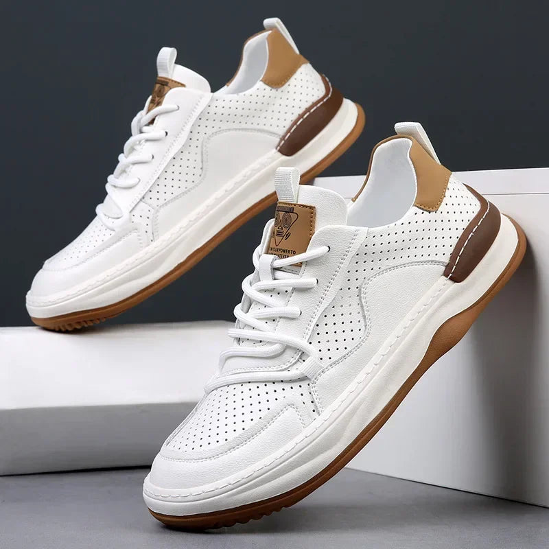 YBQJOO Men's Hollow-Out Leather Sneakers | Lace-Up Casual Shoes Men's Leather Sneakers Axl