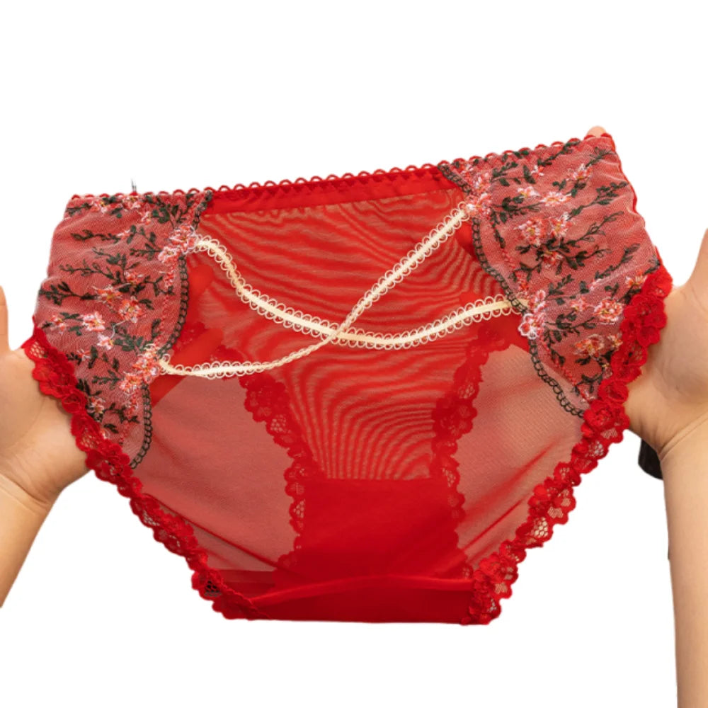 Women's Floral Lace Briefs – Breathable Mesh Embroidery Panties Lace Briefs Axl Red XXXS 1pc