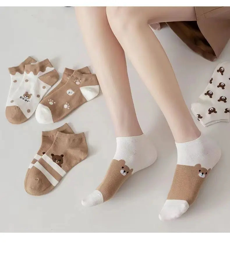5-Pack Cartoon Bear Ankle Socks – Cute Breathable Women's Socks Ankle Socks Set Axl