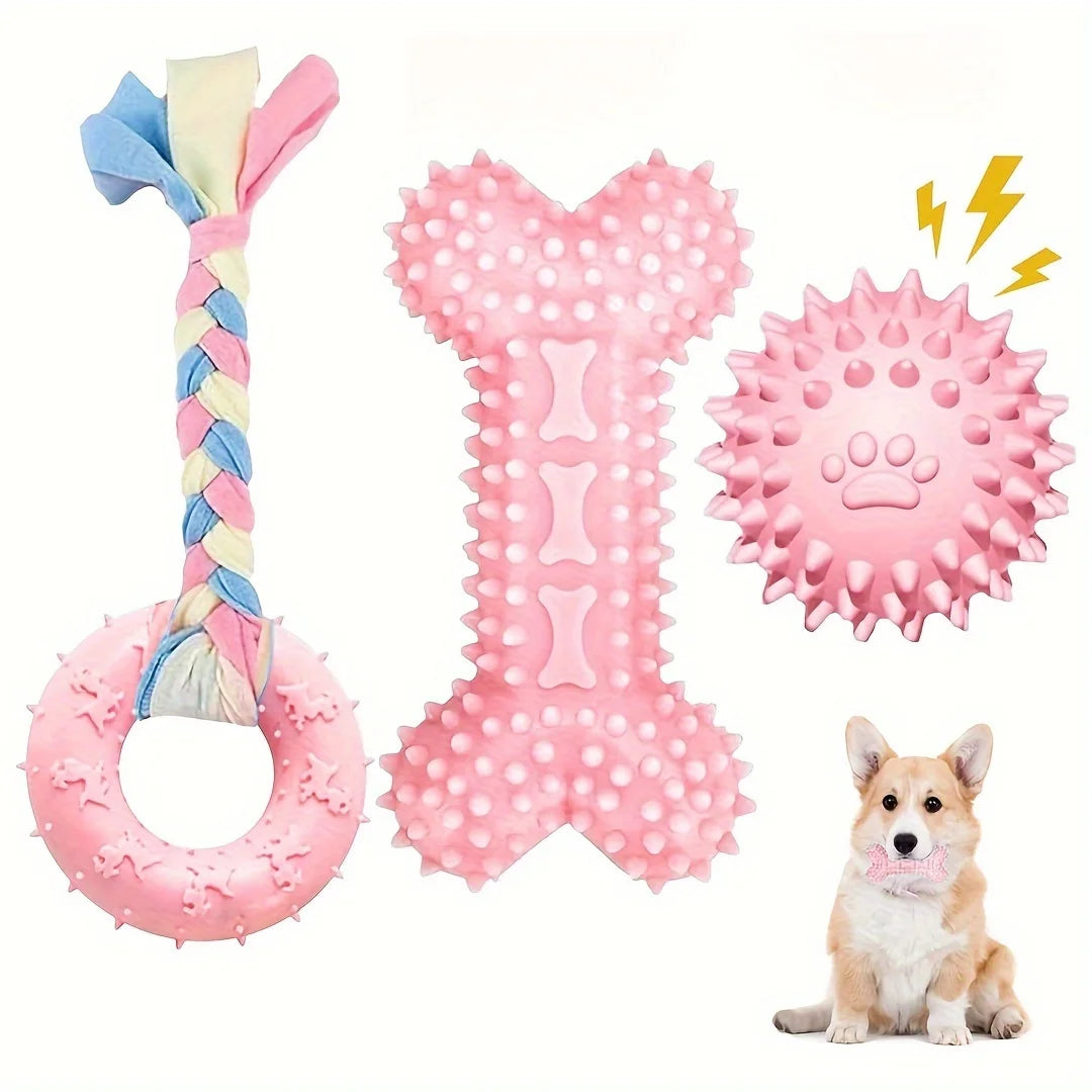 KEMORELA 3-Pack Puppy Chew Toys – Soft Rubber Teething Bones Puppy Chew Toys Axl Pink 3PCS