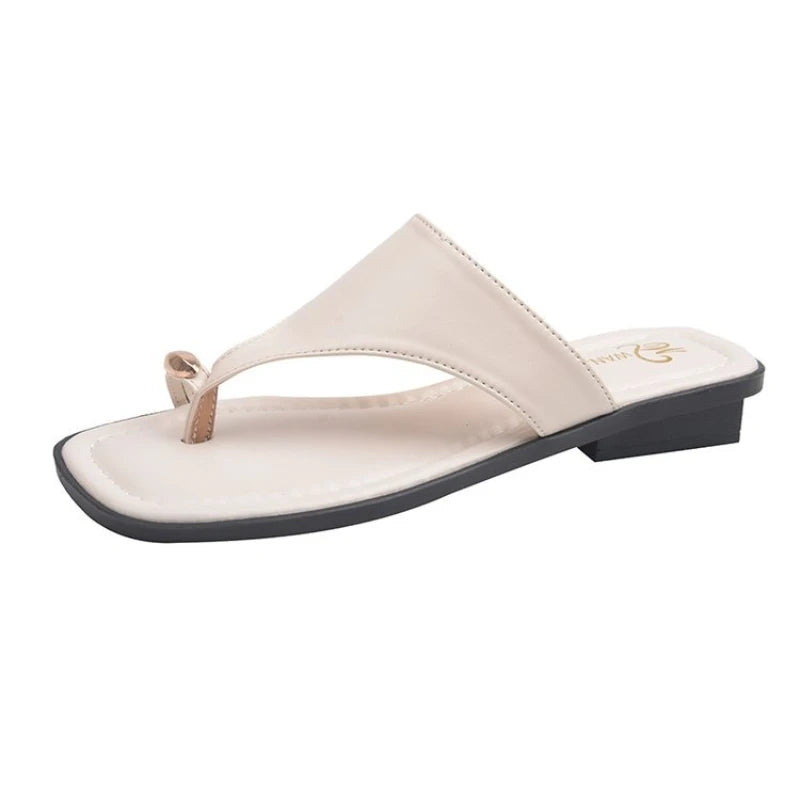 Women's Flat Thong Sandals – Square Toe Faux Leather Flip Flops Flat Thong Sandals Axl 41 Beige