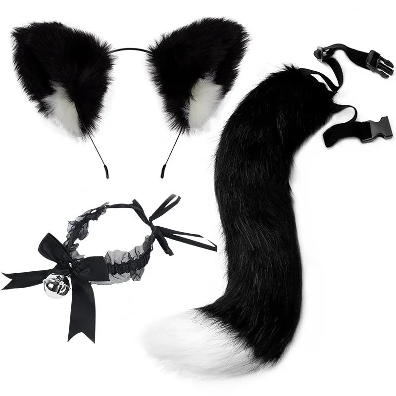 Cat & Fox Plush Tail – Anime Cosplay Halloween Costume Prop Cosplay Tail Prop Axl black-white-B