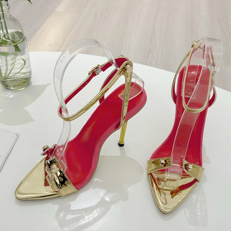 Women's Gold Silver Ankle Strap Pointed Toe High Heel Sandals High Heel Sandals Axl