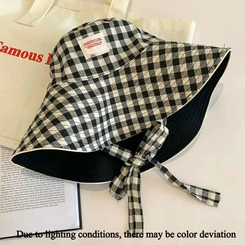 Women's Wide Brim UV Sun Hat with Chin Strap – Pastel Plaid Wide Brim Sun Hat Axl 01-black-1pcs