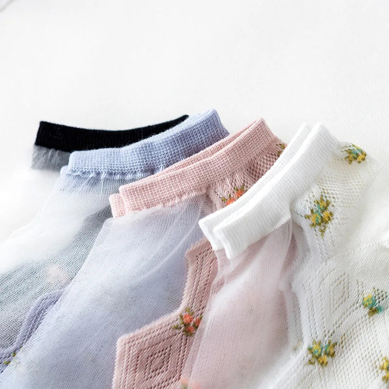 Women's Lace Floral Ankle Socks – 5 Pairs Breathable Cotton Women's Ankle Socks Axl